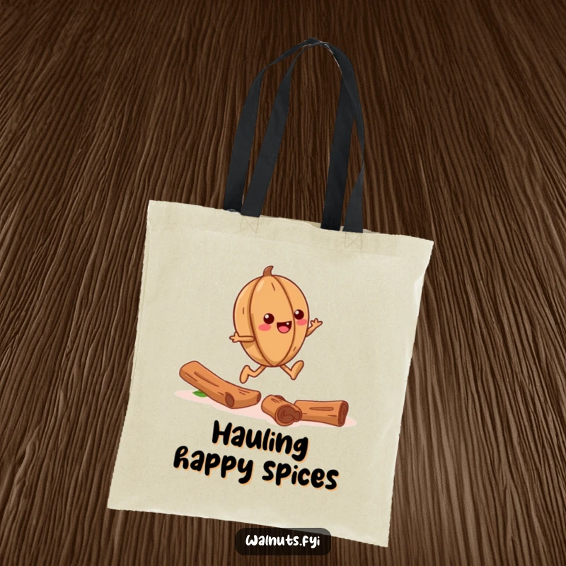 Funny tote bag featuring a gleeful walnut skipping down a trail composed of fragrant cinnamon sticks.
