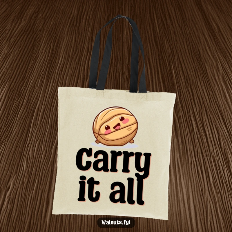Funny tote bag with a playful walnut sliding down a smooth surface, its face beaming with pure, unadulterated joy.