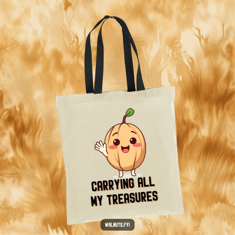 Funny tote bag showcasing a delighted walnut character offering a friendly wave, perfect for shopping and everyday use.