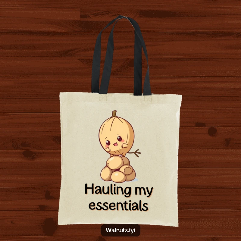 Funny Kawaii Pine Nut Tote Bag showcasing a determined character climbing nuts, perfect for carrying essentials with humor. Excellent funny gift.