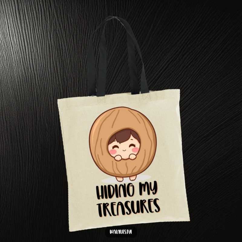 Funny tote bag with a shy, blushing walnut character peeking from behind a giant, stylized walnut shell.