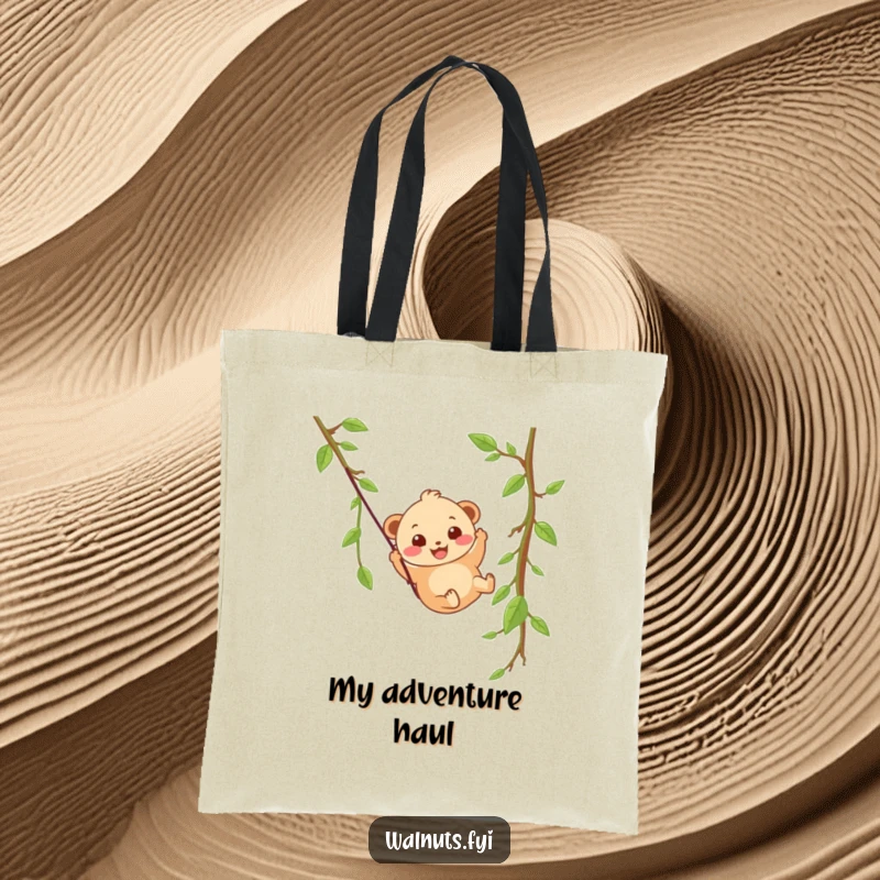 A wobbly beige hazelnut character with a happy grin slides down a vine zipline on this tote bag.