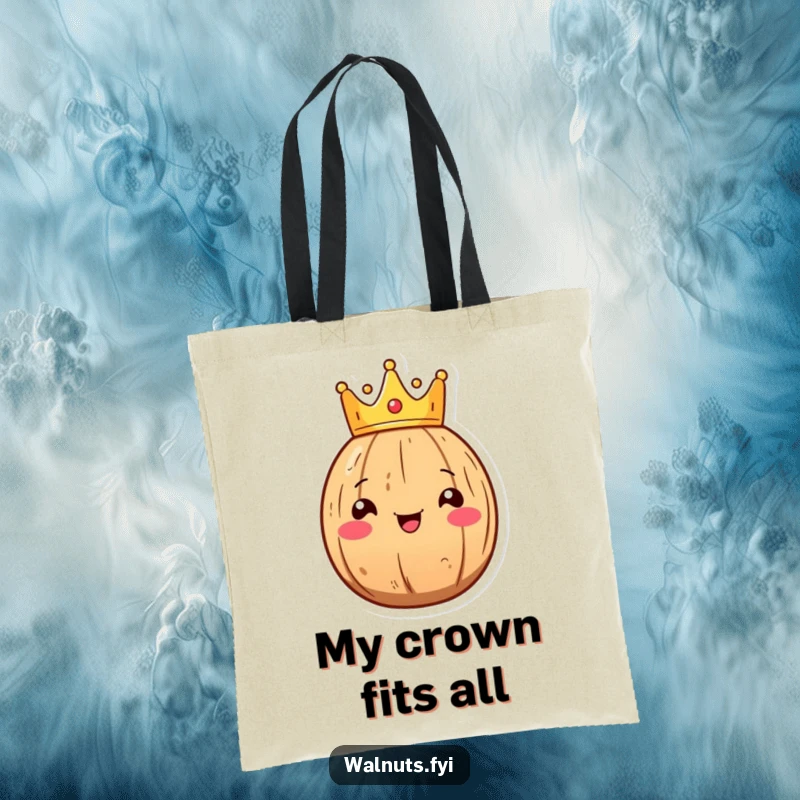 Funny Kawaii walnut tote bag with a smiling walnut character wearing a tiny crown, great for shopping.