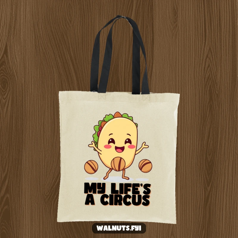 Funny tote bag with a smiling taco character expertly juggling walnuts with its legs, ideal for shopping.