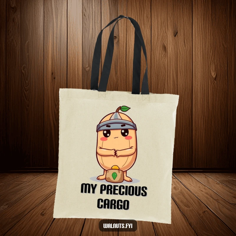 A determined round Brazil nut with crossed arms stands guard over a small treasure on this tote bag.