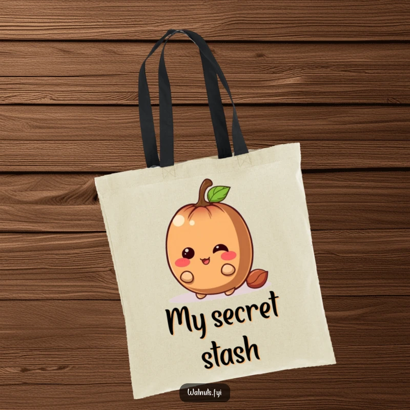 Funny chestnut tote bag with a giggling brown character hiding with a mischievous grin behind a large nut, practical and humorous.