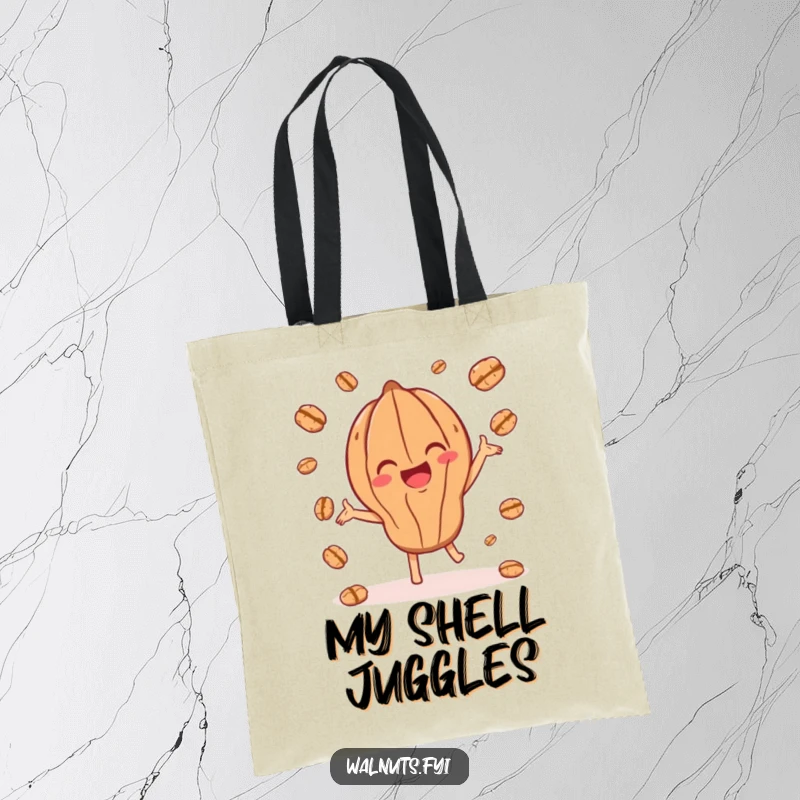 Funny tote bag showcasing a joyful walnut character skillfully juggling smaller walnut pieces, great for shopping.