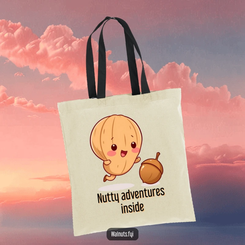 Funny Kawaii walnut tote bag, showing a determined little walnut hilariously chasing a runaway acorn, ideal for shoppers.