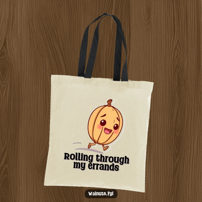 Funny tote bag featuring a happy walnut character with a determined look, rolling downhill with purpose.