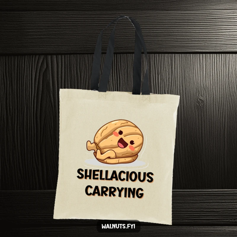 Funny tote bag with a joyful walnut character gracefully sliding down a slick surface on its natural shell.