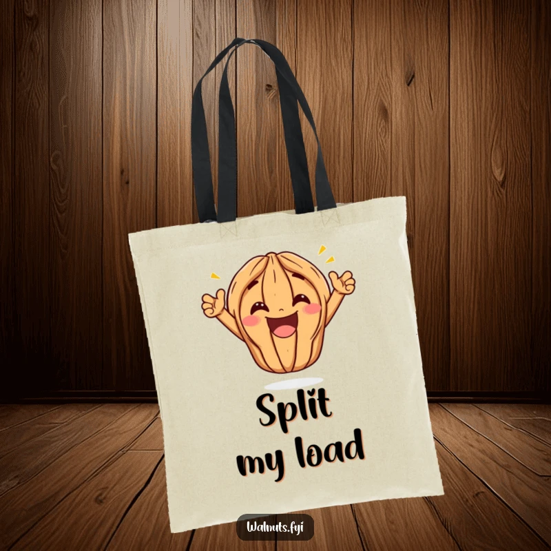 Funny Kawaii Walnut Split Tote Bag: A cartoon walnut performs a wide, triumphant split with an enormous grin, showcasing joyous victory and humor.